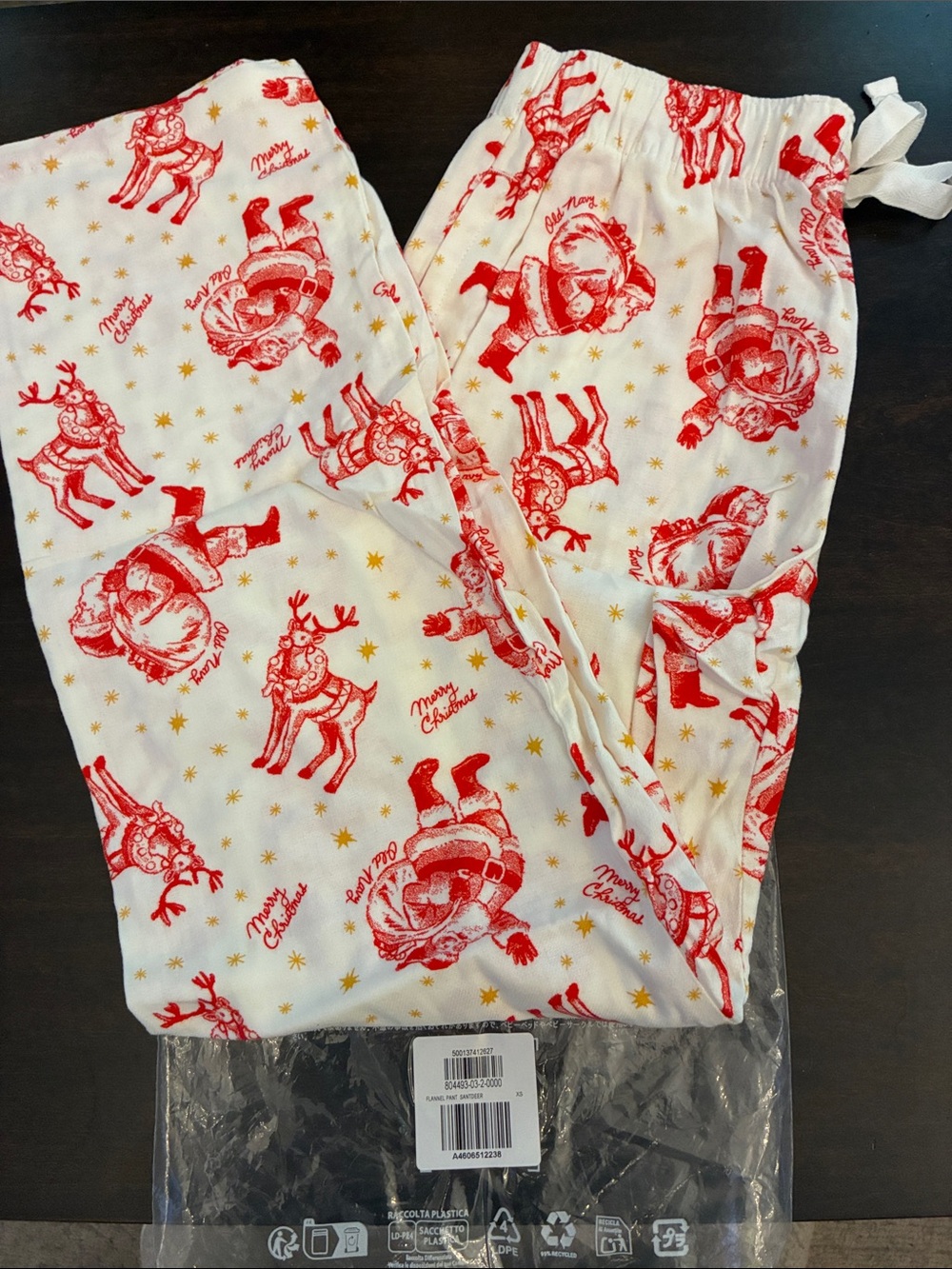 Old Navy White Flannel Pajama Pants with Red Santa & Gold Star Print